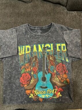 Wrangler Faded Black Oversized Crewneck Tee with Light Blue Logo